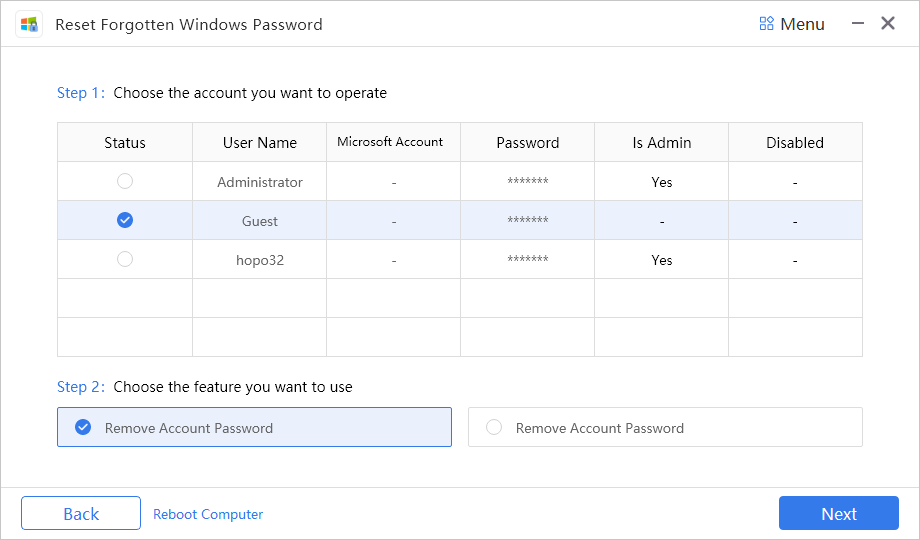 rimuovere la password dell'account